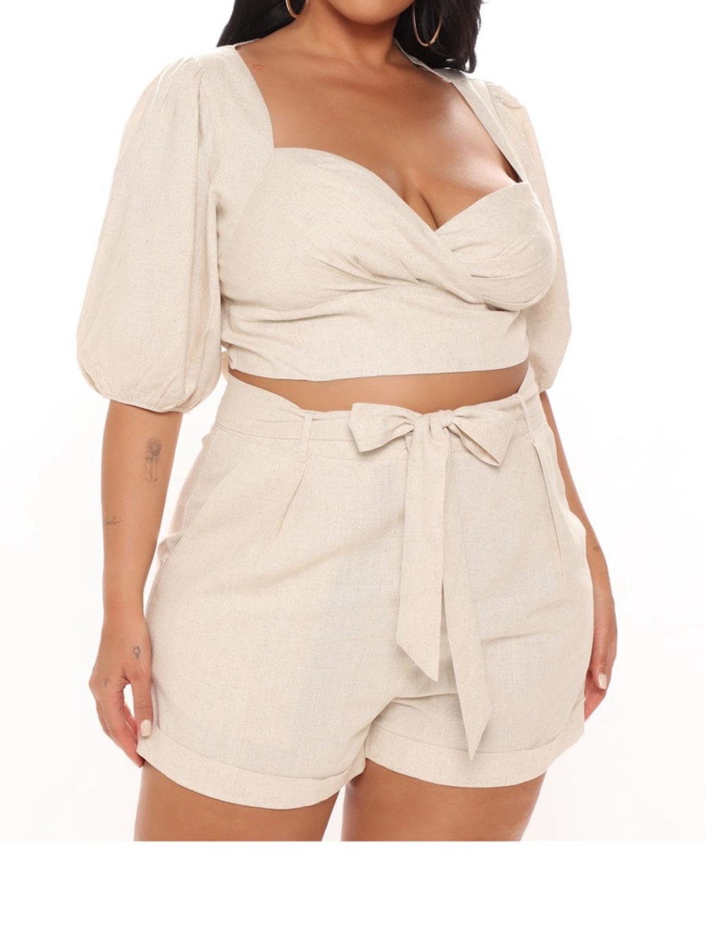 Fashion Nova Cream Puff Sleeve Twist Front Crop Top and Shorts Set